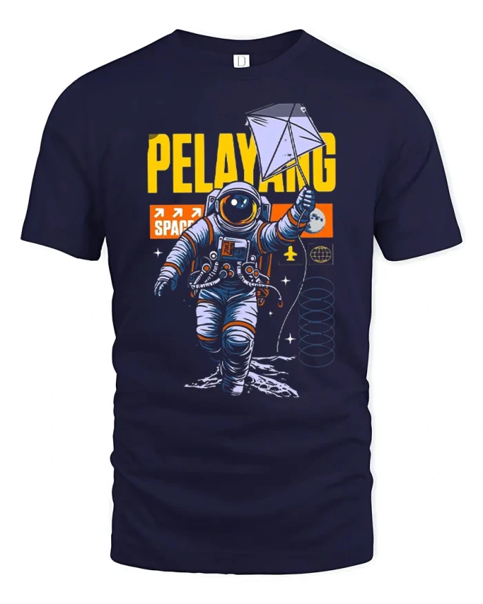 Playing Space Astronaut Kite Graphic T Shirt Cosmic Adventure - navy t-shirt on white background