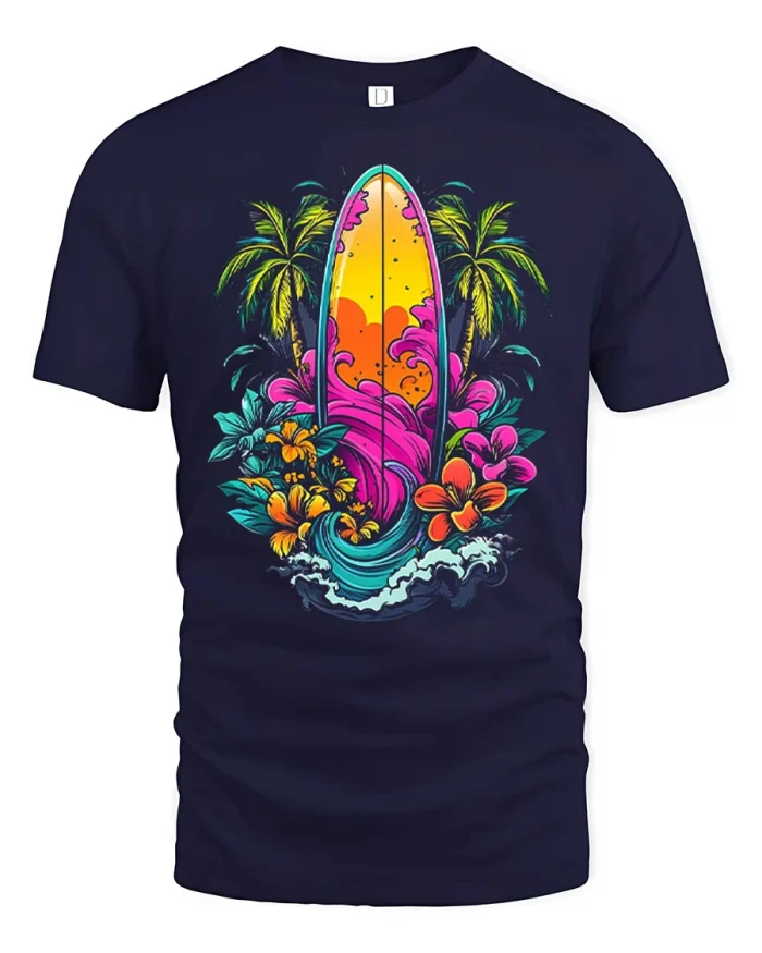 Tropical Surfboard Paradise Graphic T Shirt Beach Sunset Vibes - navy t-shirt on white background