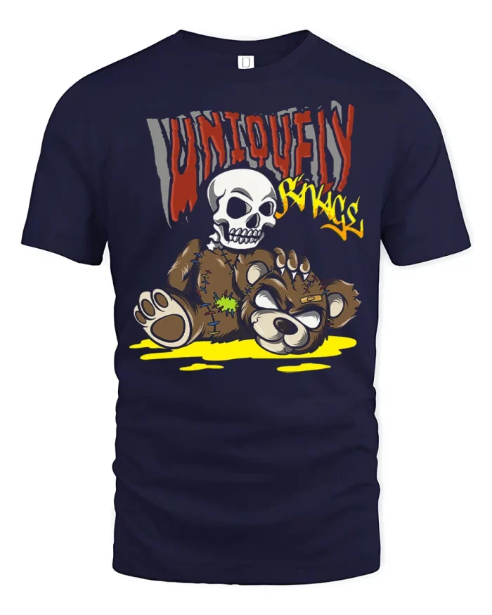 Vintage Voodoo Teddy Bear Skull Graphic T Shirt Spooky Street Art - navy t-shirt on white background