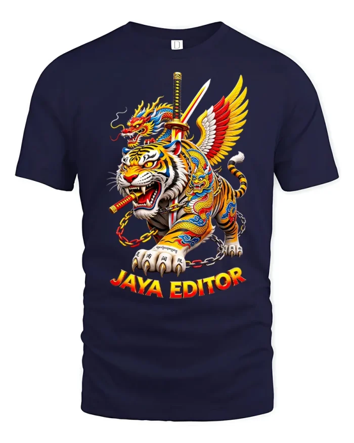 Fierce Dragon Tiger Warrior Graphic T Shirt Legendary Power Art - navy t-shirt on white background