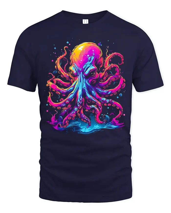 Neon Colorful Octopus Graphic T Shirt Vibrant Ocean Art Style - navy t-shirt on white background