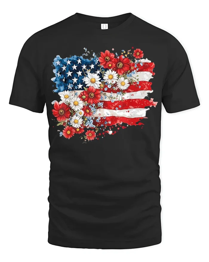 American Flag Floral Graphic Tee Patriotic Flower T Shirt - black t-shirt on white background