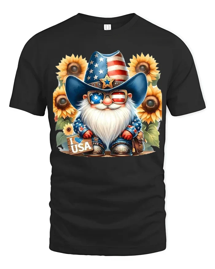 Patriotic Gnome USA Sunflower Graphic Tee American Pride Shirt - black t-shirt on white background