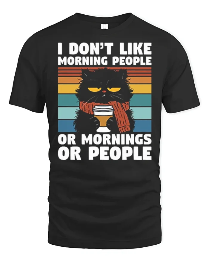 Funny Black Cat Morning People Graphic Tee Coffee Lover Shirt - black t-shirt on white background