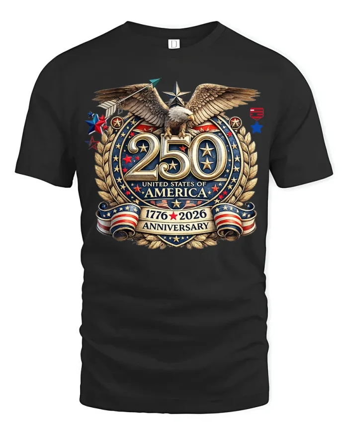 United States 250th Anniversary Eagle Patriotic Heritage T Shirt - black t-shirt on white background