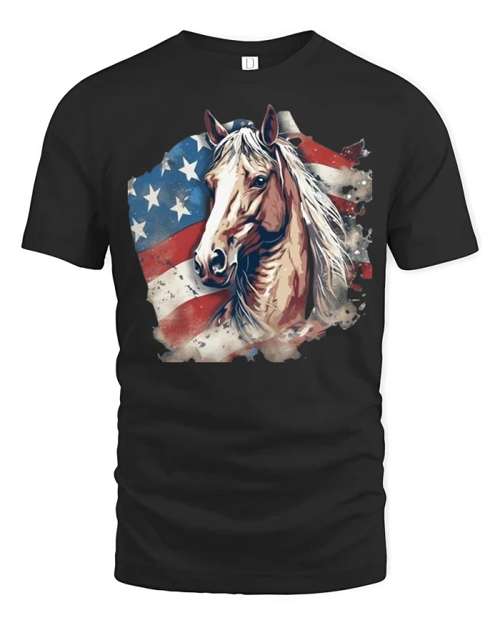 Patriotic American Horse Graphic T Shirt Vintage Freedom Spirit - black t-shirt on white background