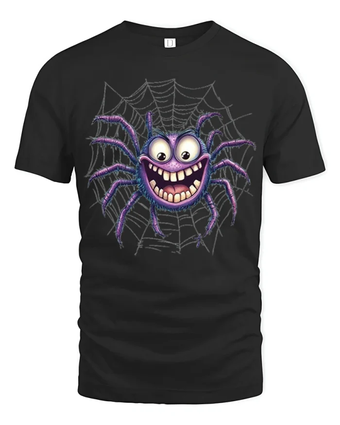 Funny Crazy Purple Spider Graphic T Shirt Cartoon Halloween Style - black t-shirt on white background