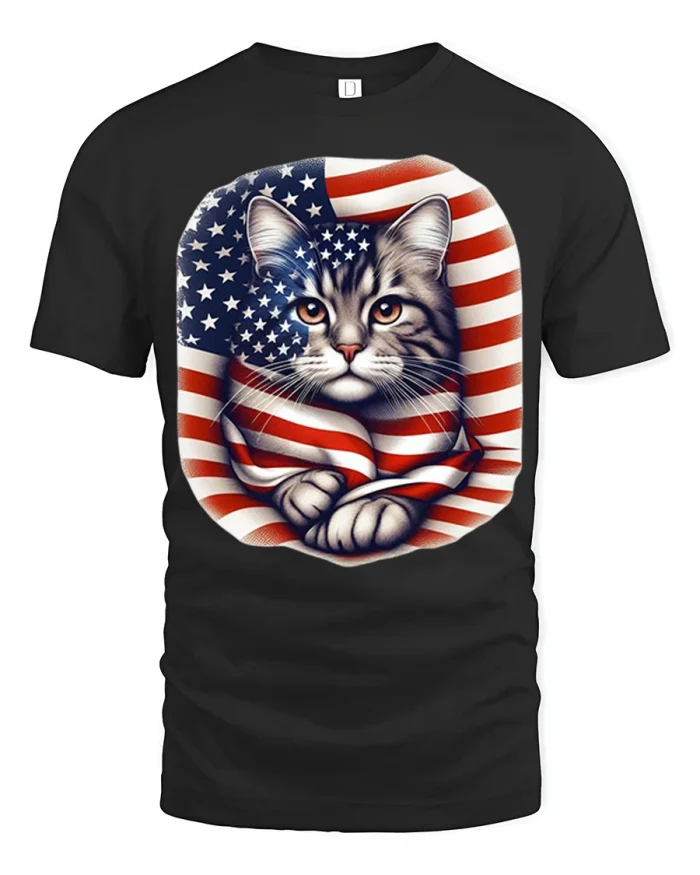 American Flag Cat Graphic Tee Patriotic Animal T Shirt - black t-shirt on white background