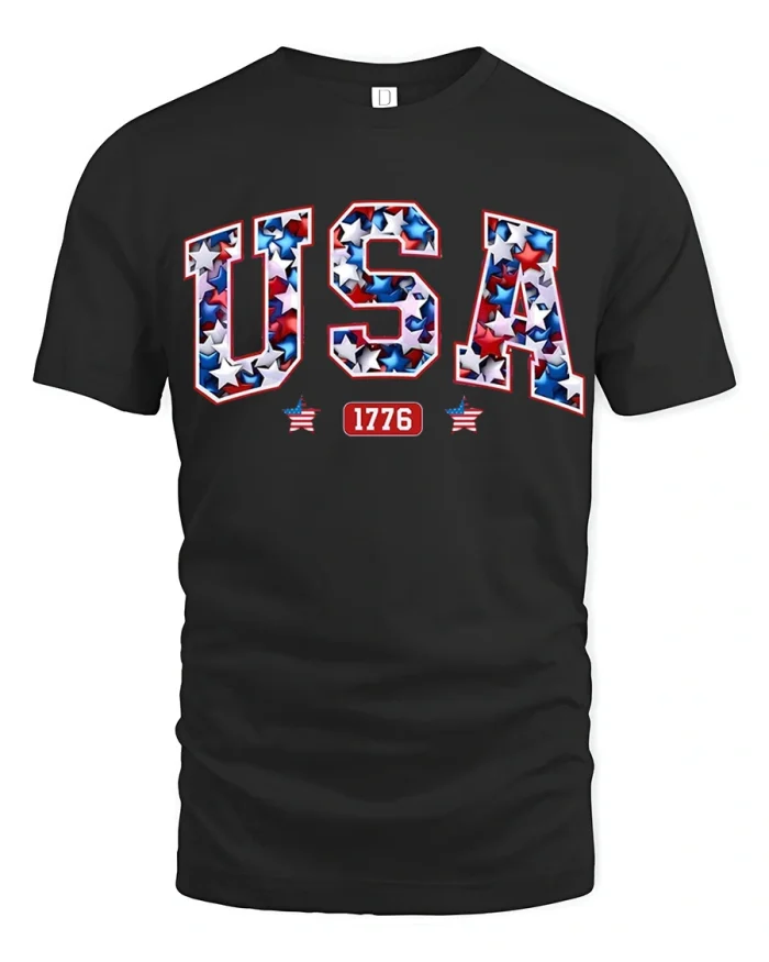 USA Patriotic Stars Graphic Tee American Flag T Shirt Design - black t-shirt on white background