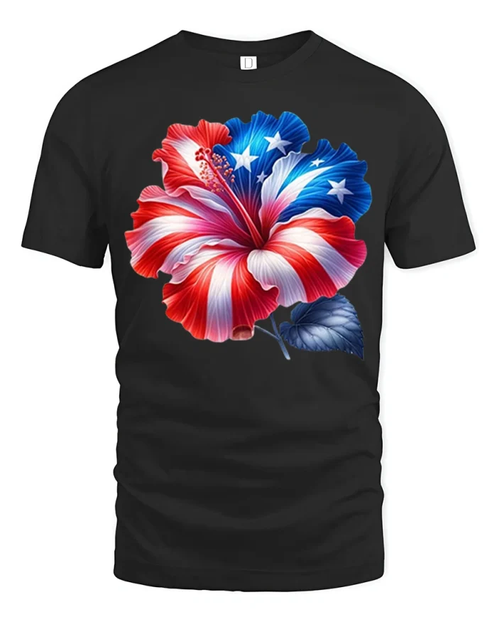 Patriotic Hibiscus Flower Graphic Tee USA Flag T Shirt Design - black t-shirt on white background