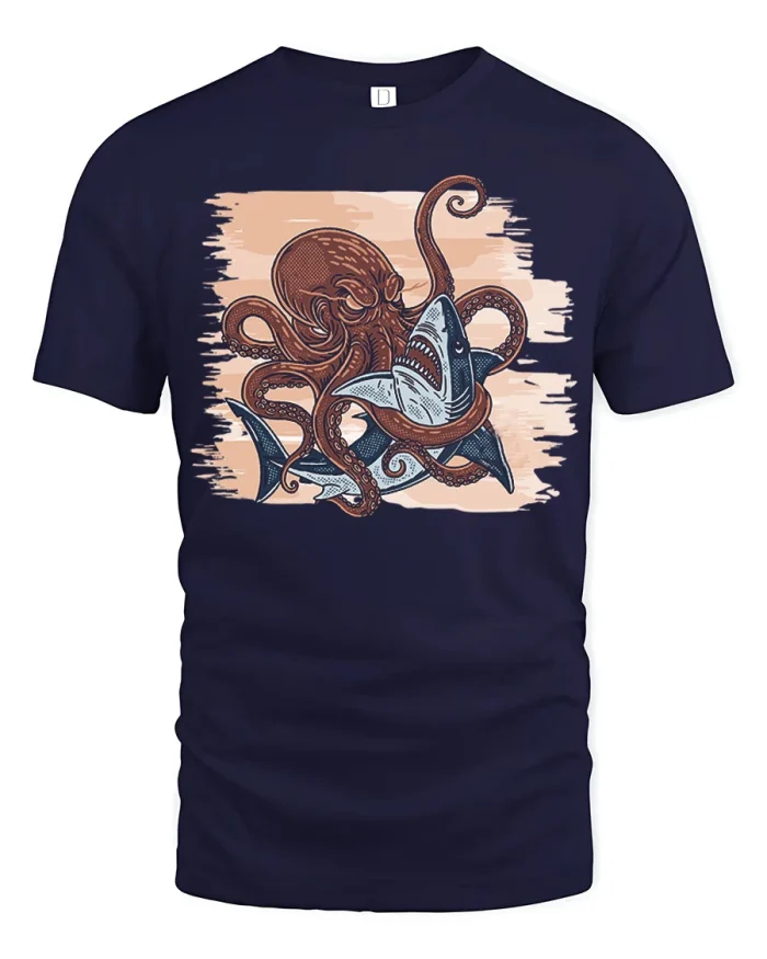 Octopus Shark Graphic Tee Ocean Creature T Shirt Design - navy t-shirt on white background