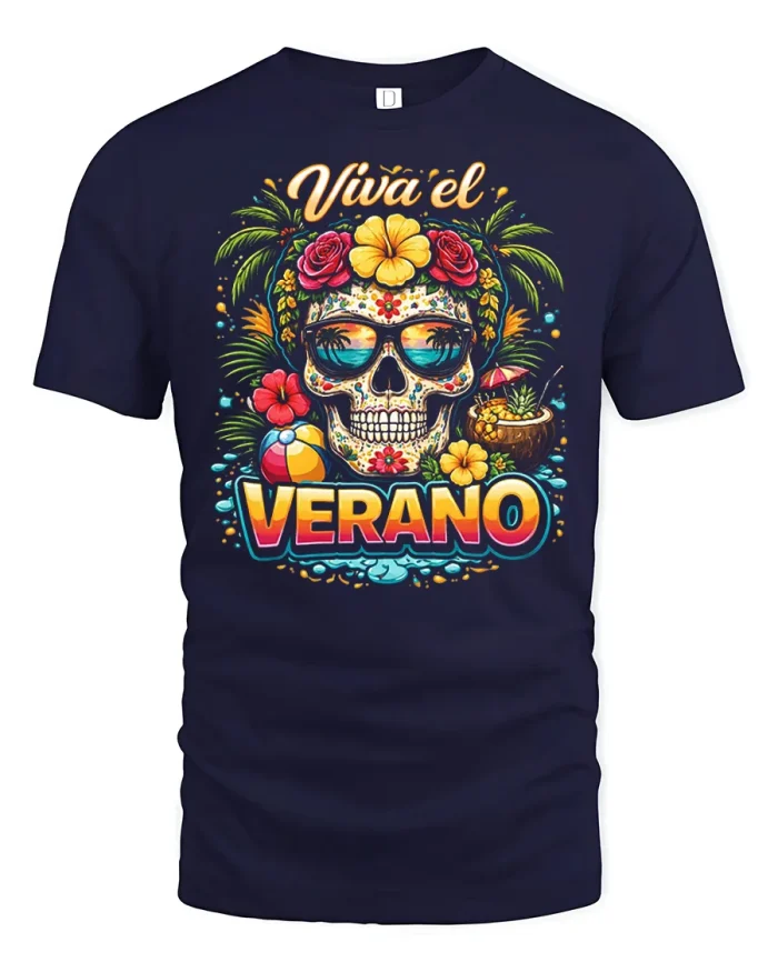 Viva El Verano Skull Graphic Tee Summer T Shirt Design - navy t-shirt on white background