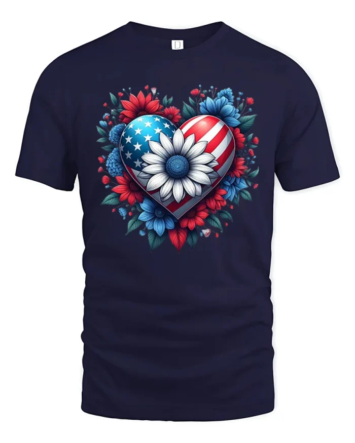 Patriotic Heart Flower USA Flag Graphic Tee American Pride T Shirt - navy t-shirt on white background