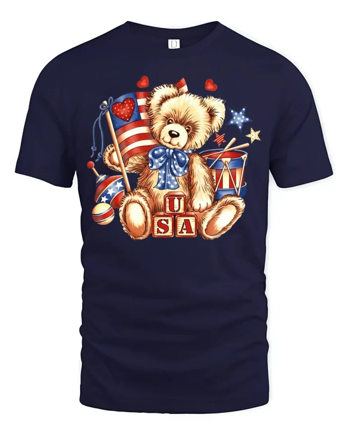 Patriotic Teddy Bear USA Flag Graphic Tee Cute T Shirt - navy t-shirt on white background