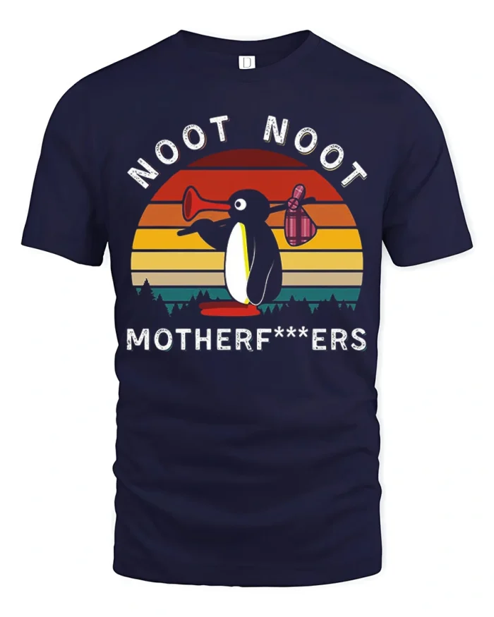 Funny Penguin Vintage Sunset Graphic Tee Cool Casual T Shirt - navy t-shirt on white background