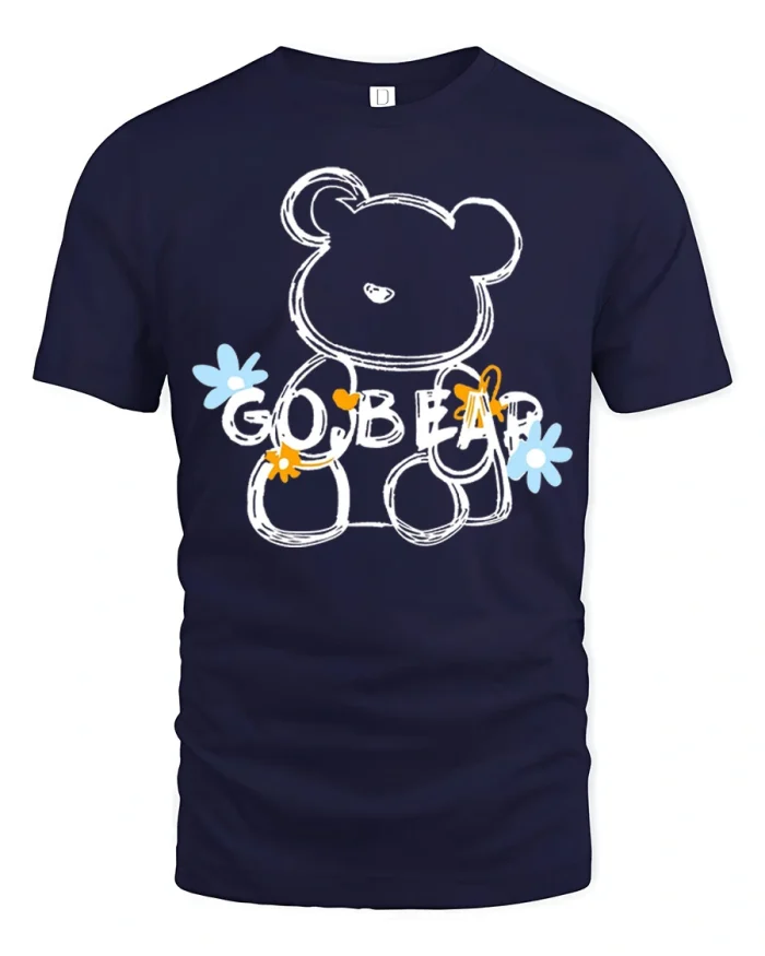 Go Bear Cute Teddy Bear Graphic T Shirt Floral Minimalist Style - navy t-shirt on white background