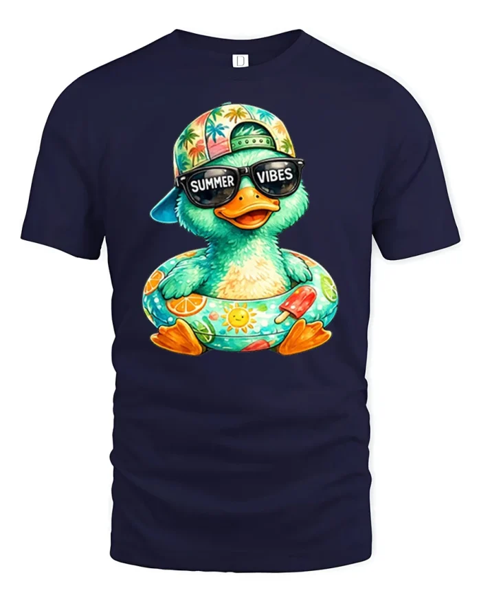 Summer Vibes Duck Tshirt Cute Pool Float Beach Party Graphic - navy t-shirt on white background