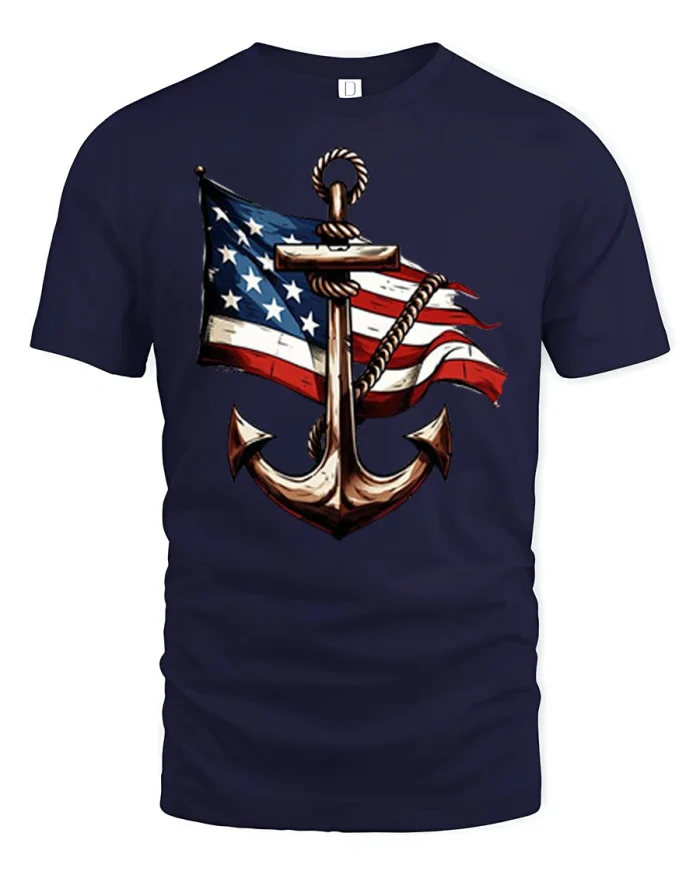 American Flag Anchor Tshirt Patriotic Coastal Nautical Graphic - navy t-shirt on white background