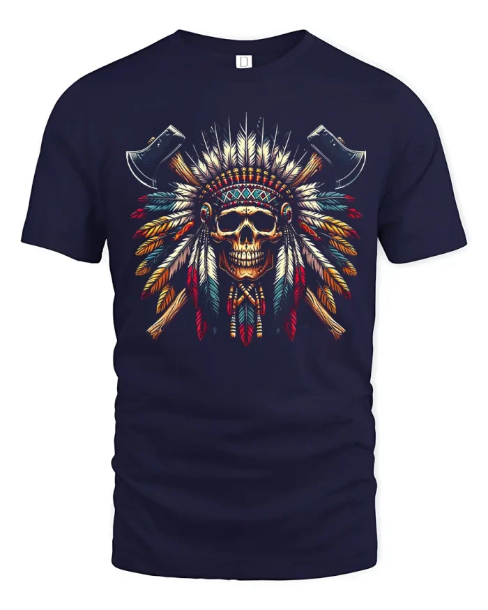 Skull Feather Headdress Graphic T Shirt Soft Premium Vintage Style - navy t-shirt on white background