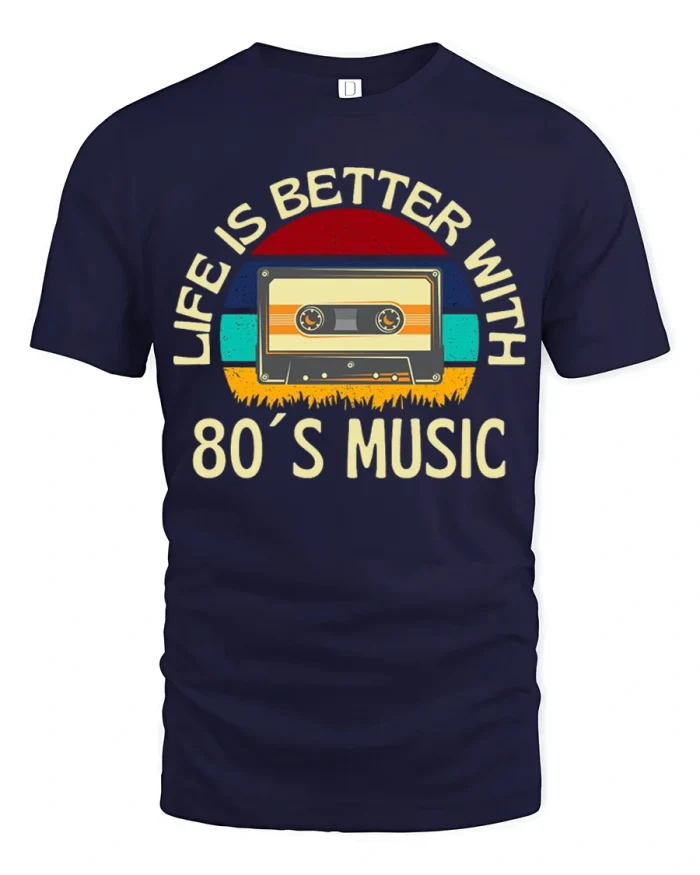 Life Is Better With 80s Music Retro Cassette Graphic Tshirt - navy t-shirt on white background
