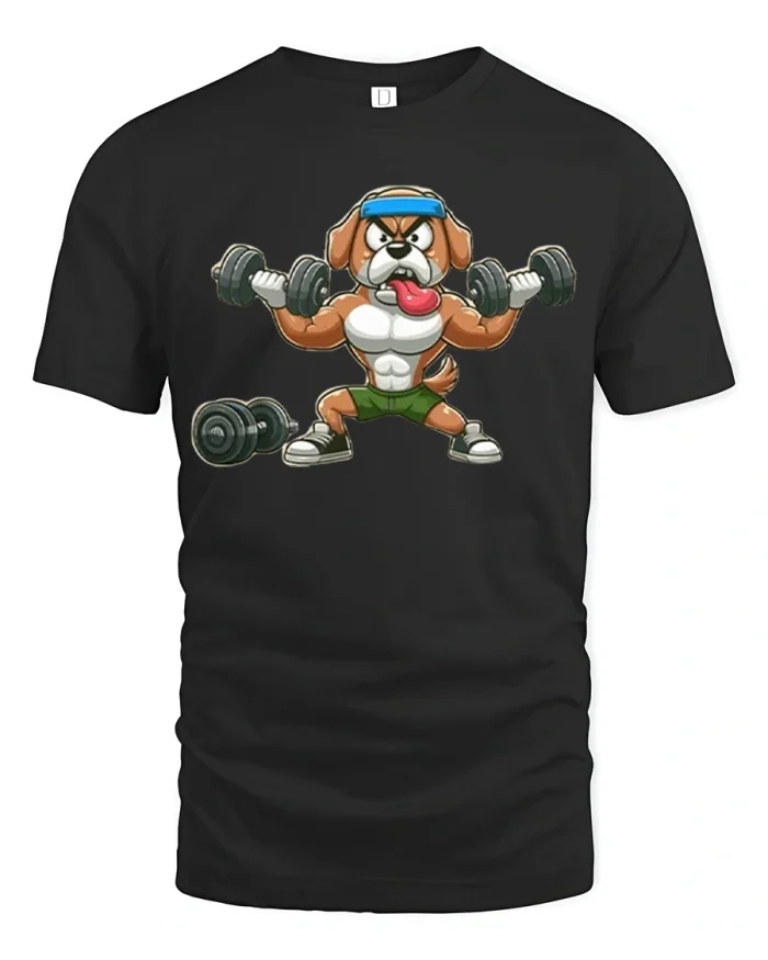 Funny Muscular Bulldog Weightlifting Gym Graphic Unisex T Shirt - black t-shirt on white background