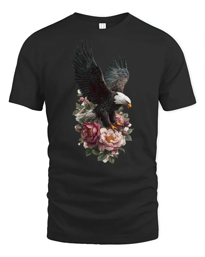 Majestic Bald Eagle Floral Graphic Tee Vintage Wildlife Art T Shirt - black t-shirt on white background