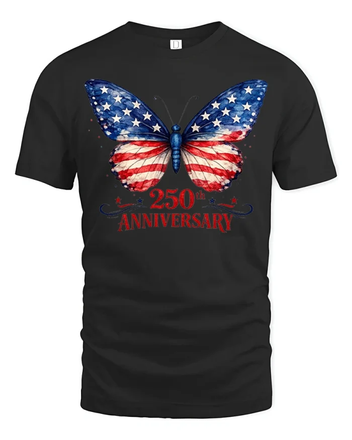 Patriotic Butterfly 250th Anniversary Graphic T Shirt USA Pride - black t-shirt on white background