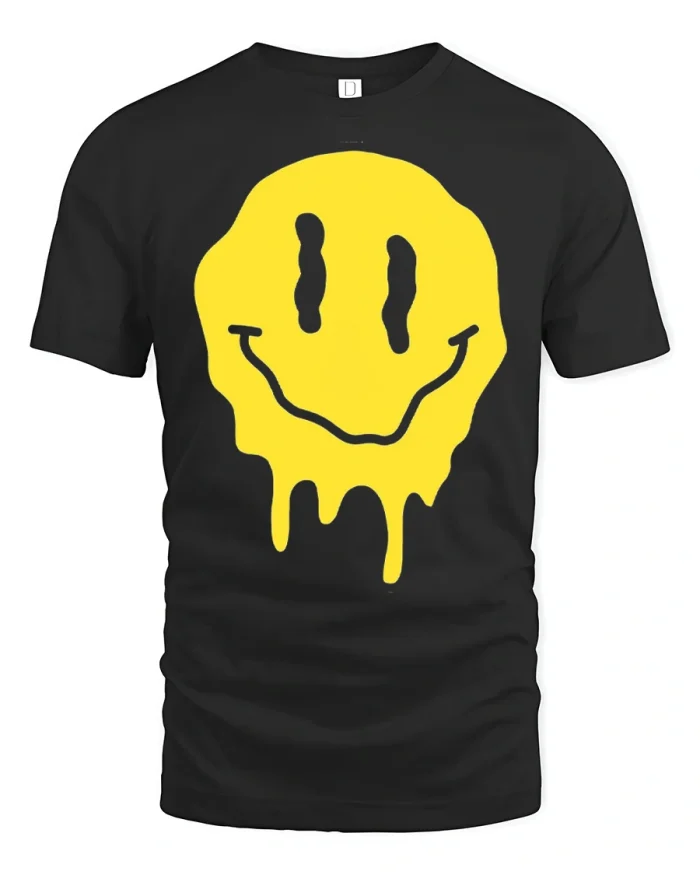 Melting Smiley Face Graphic Tee Fun Retro Streetwear Tshirt - black t-shirt on white background