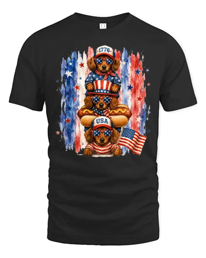 Patriotic Dachshund USA Graphic Tee Funny Fourth of July Tshirt - black t-shirt on white background
