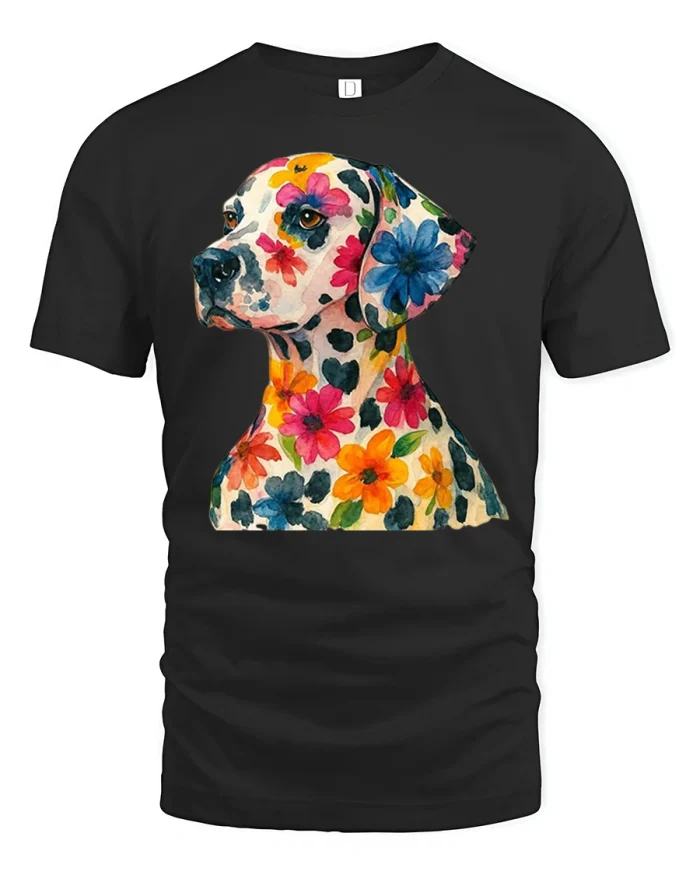 Floral Dalmatian Watercolor Graphic Tee Colorful Dog Lover Tshirt - black t-shirt on white background