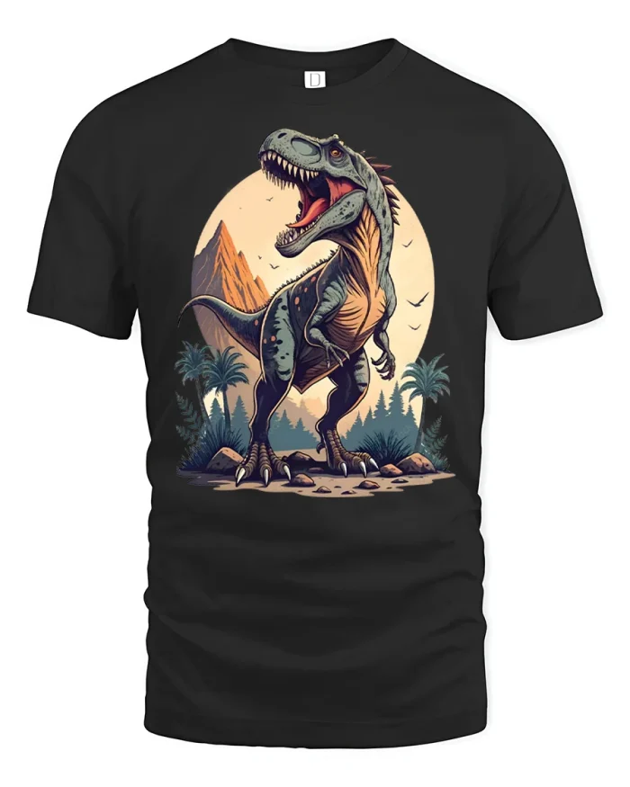 Vintage Roaring T Rex Dinosaur Graphic Tee Adventure Style Tshirt - black t-shirt on white background
