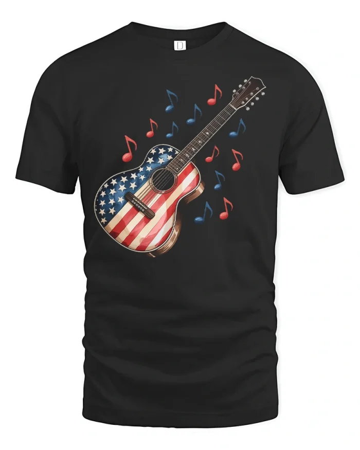 Patriotic American Flag Guitar Graphic Tee Music Lover Tshirt - black t-shirt on white background