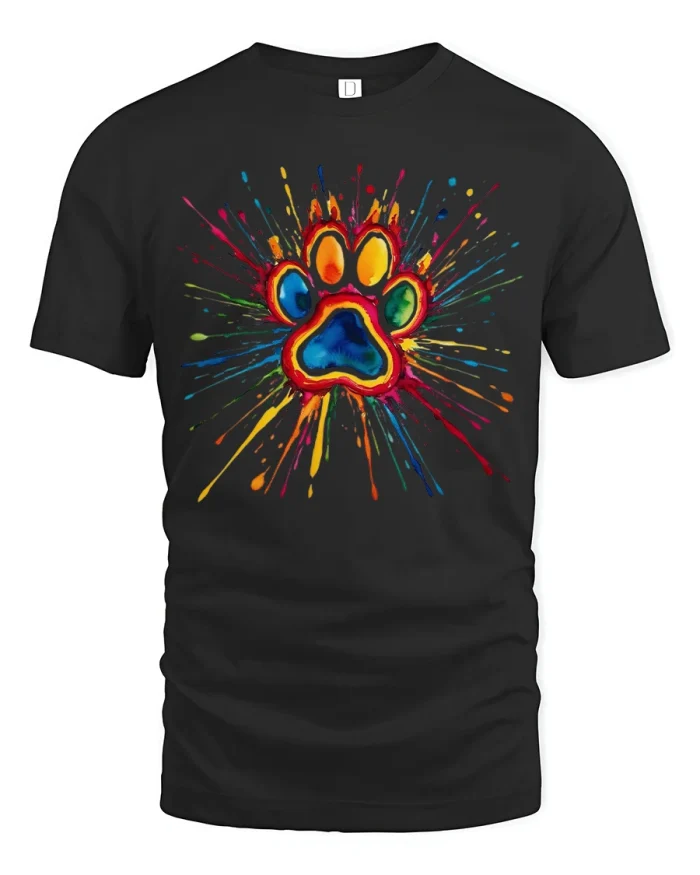 Colorful Paint Splash Dog Paw Print Graphic Unisex T Shirt - black t-shirt on white background