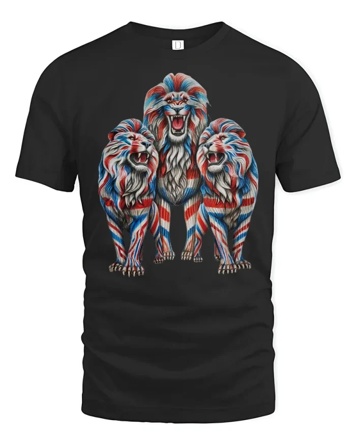 Patriotic Three Lions American Flag Graphic Unisex T Shirt - black t-shirt on white background