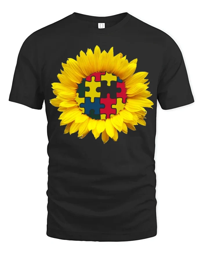 Autism Awareness Sunflower Puzzle Piece Support Unisex T Shirt - black t-shirt on white background
