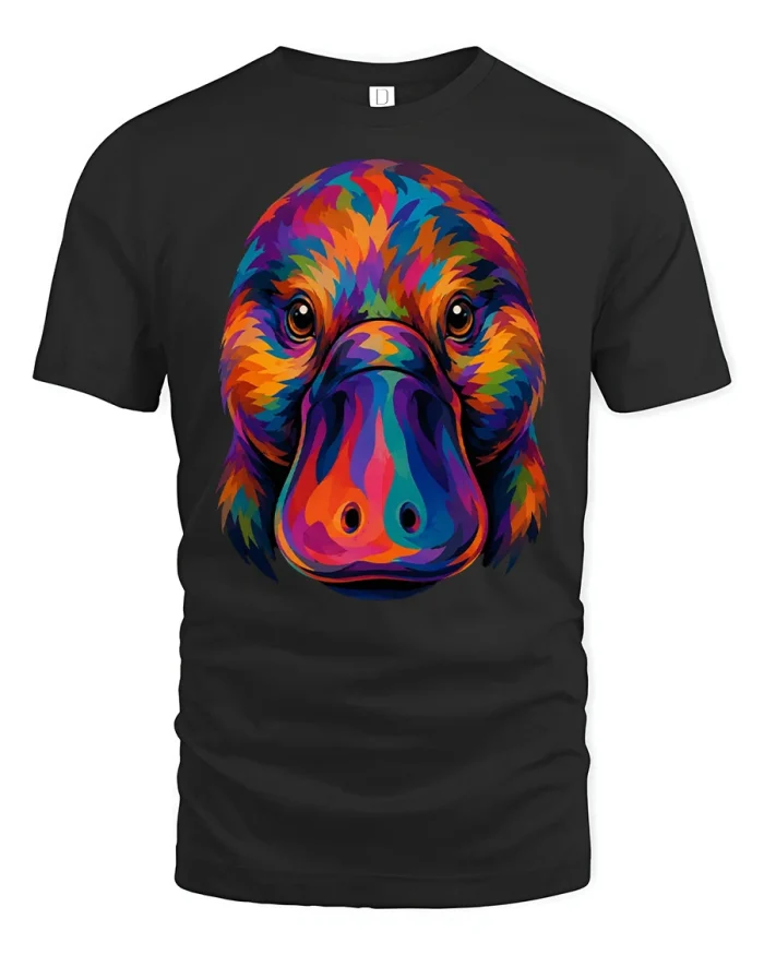 Colorful Platypus Face Graphic Tee Vibrant Wildlife Animal Tshirt - black t-shirt on white background