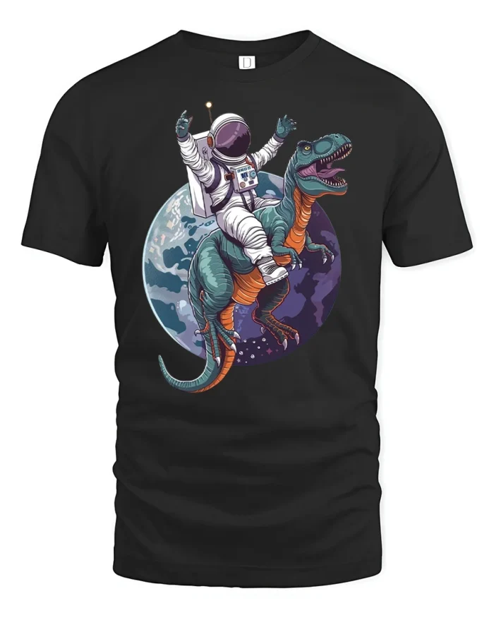 Funny Astronaut Riding Dinosaur Graphic T Shirt Space Adventure Tee - black t-shirt on white background