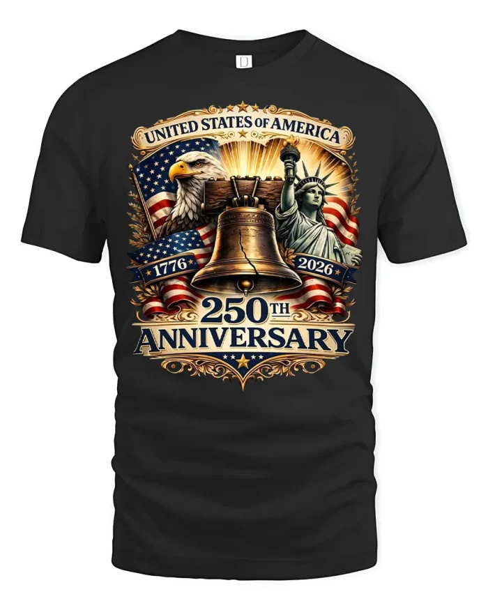 United States of America 250th Anniversary Patriotic Graphic Tee - black t-shirt on white background