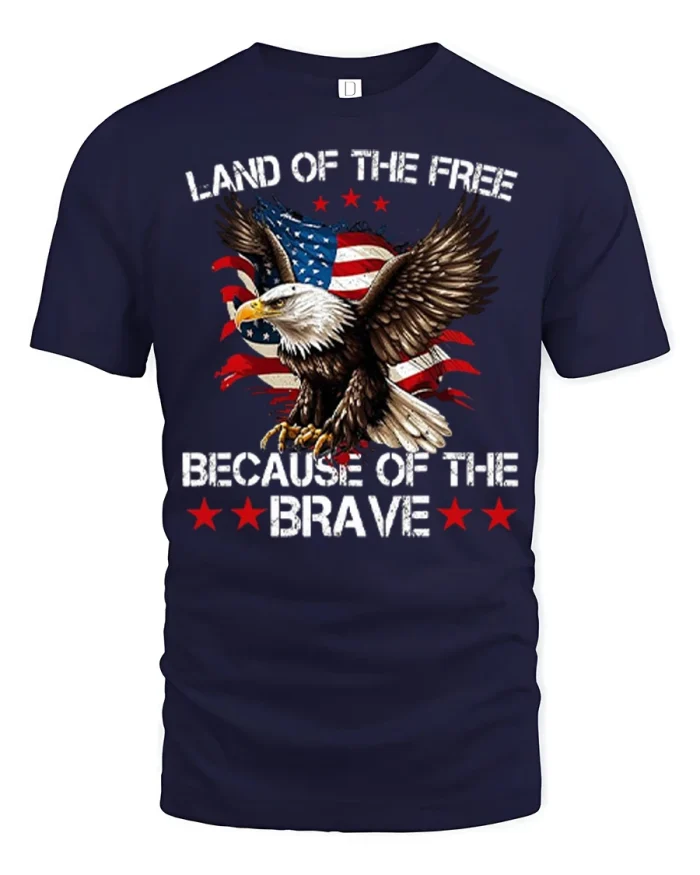 Land of the Free Because of the Brave Patriotic Eagle Graphic Tee - navy t-shirt on white background