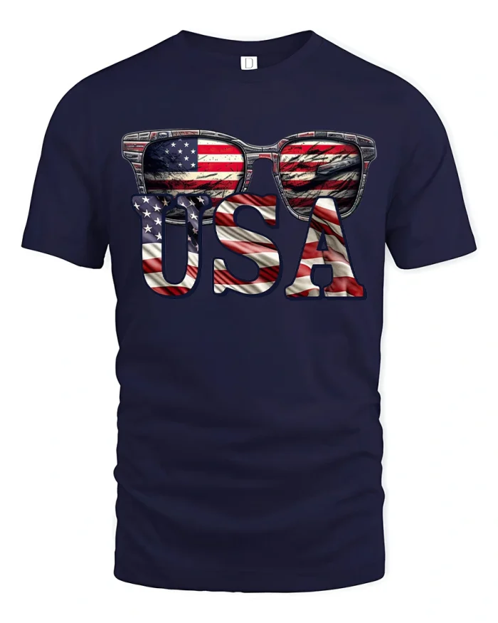USA Flag Sunglasses Patriotic Graphic Tee American Pride T Shirt - navy t-shirt on white background