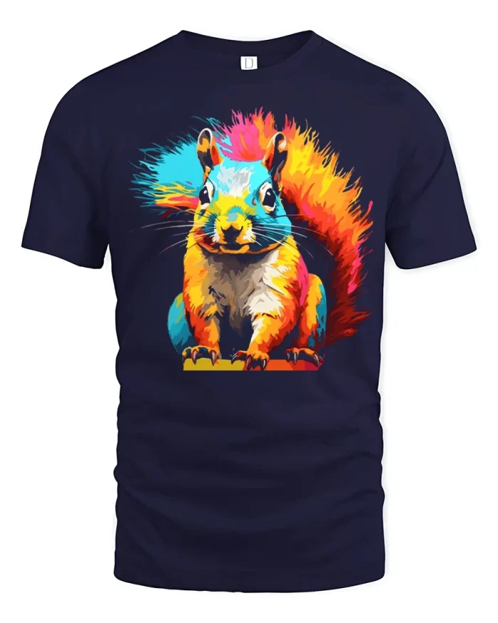 Colorful Rainbow Squirrel Graphic Tee Cute Wildlife Animal Art - navy t-shirt on white background