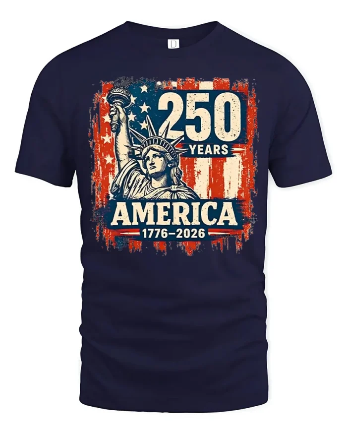 America 250 Years Anniversary Patriotic Graphic Tee Vintage Style - navy t-shirt on white background