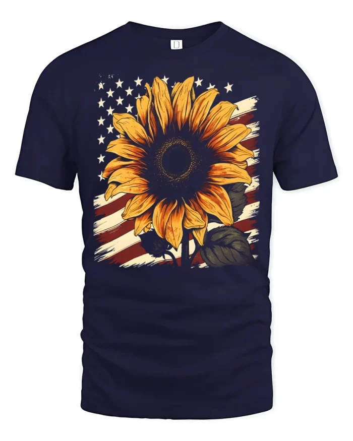 Vintage Sunflower American Flag Graphic T Shirt Patriotic Style - navy t-shirt on white background