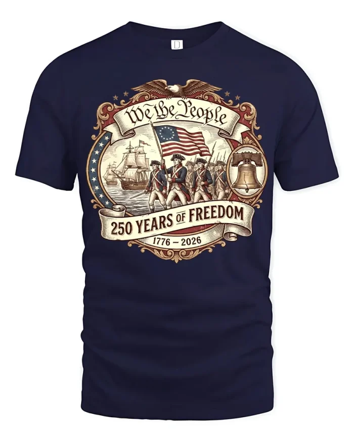 We The People 250 Years of Freedom Patriotic Graphic Tee Tshirt - navy t-shirt on white background