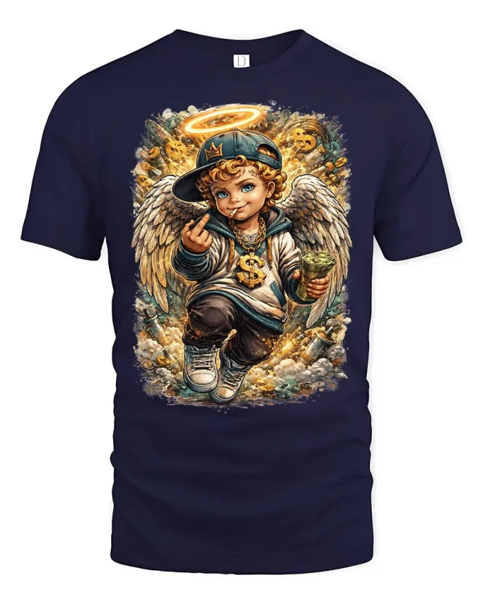Funny Money Angel Graphic Tee Streetwear Urban Style Tshirt - navy t-shirt on white background
