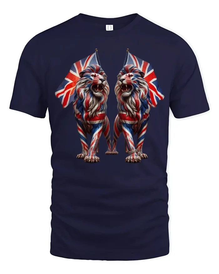 British Lion Union Jack Graphic Tee Patriotic UK Pride Tshirt - navy t-shirt on white background