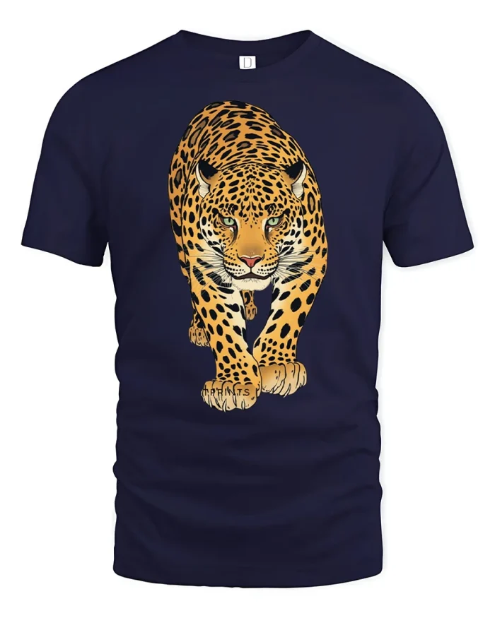 Majestic Leopard Wildlife Graphic Tee Fierce Animal Lover Tshirt - navy t-shirt on white background