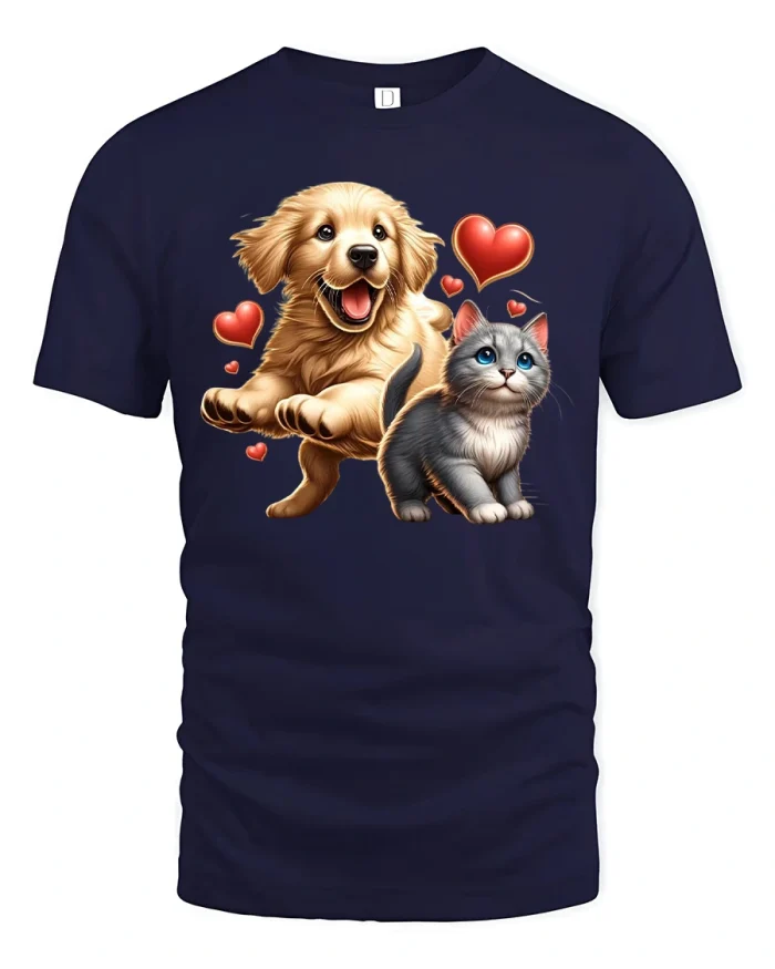 Cute Golden Retriever And Kitten Love Graphic T Shirt Pet Lover Tee - navy t-shirt on white background