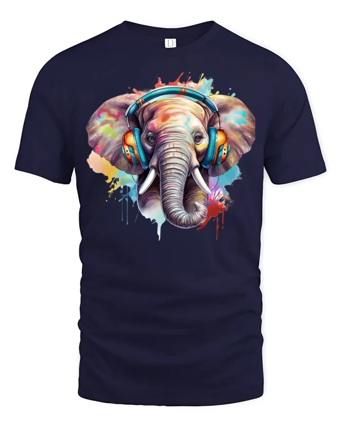 Colorful Elephant Wearing Headphones Graphic T Shirt Music Lover Tee - navy t-shirt on white background