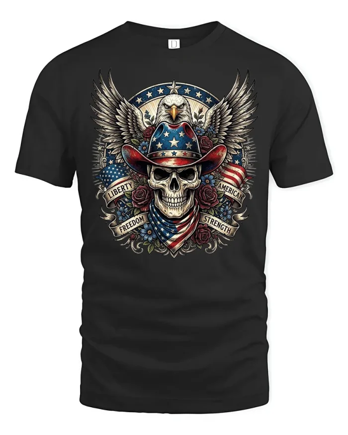 Patriotic Skull Cowboy Eagle Graphic T Shirt American Freedom Tee - black t-shirt on white background